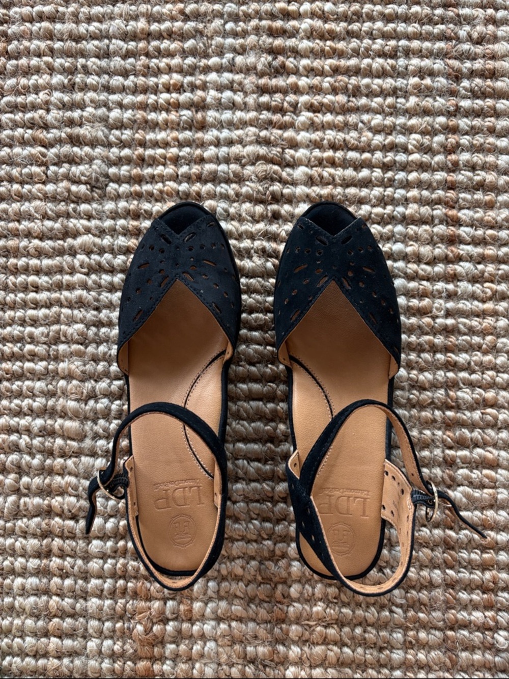 Black Laser-Cut Suede Slingback Sandals